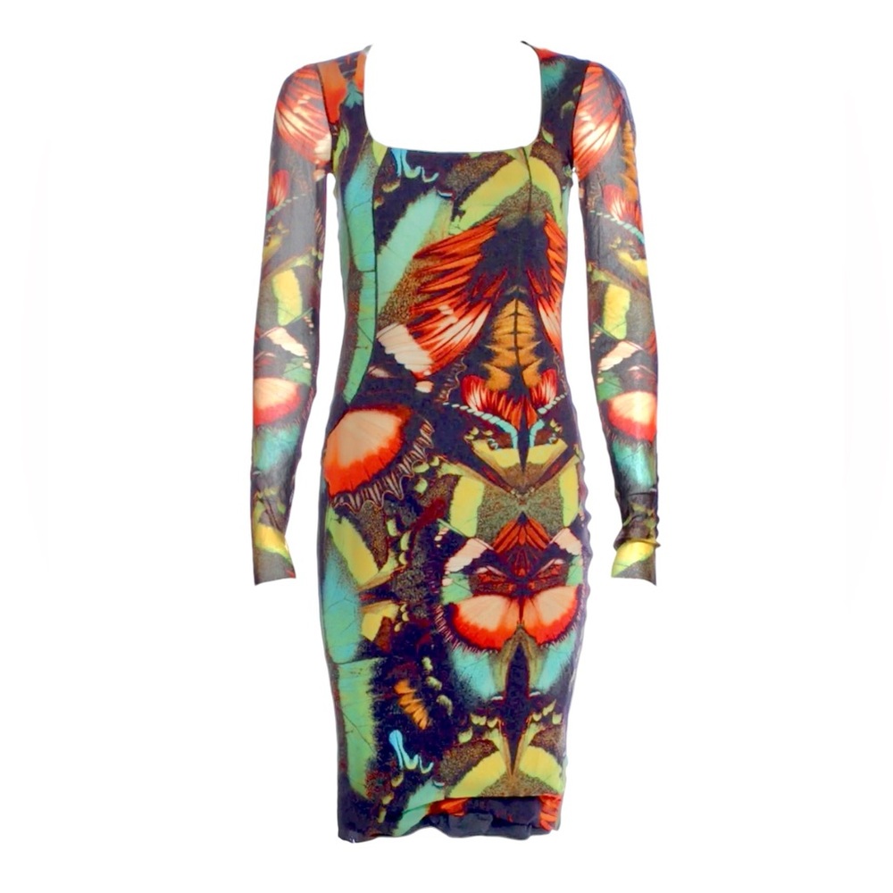 Vintage JEAN PAUL GAULTIER Soleil Fitted Butterfly Print Long Sleeve Mesh Dress